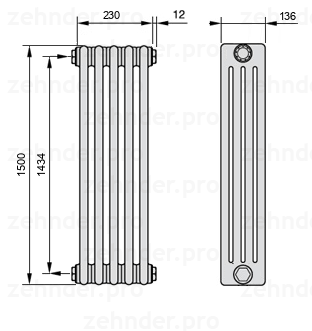 Схема (чертеж) Радиатор Zehnder Charleston 4150/5 №1270 Белый глянцевый RAL 9016